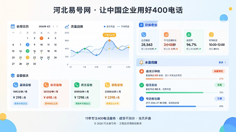 左侧用量曲线与套餐模块，右侧余量提醒看板的扁平插画